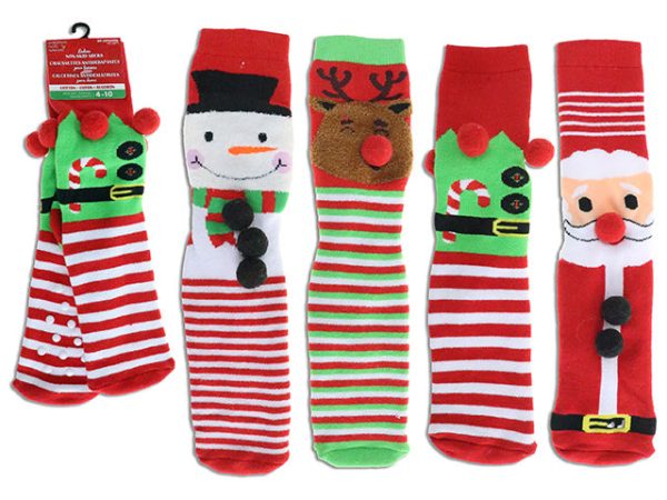 14.17in Ladies Stripped Xmas Insulated Non-Slip Socks w Pom Poms. One Size. 4 Asst. J-hook w  h c. For Discount