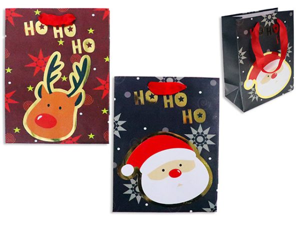 Xmas Santa Reindeer w Gold Foil Hot Stamped Border Matte Gift Bag - Large. Satin Handle. J-Hook. Hot on Sale
